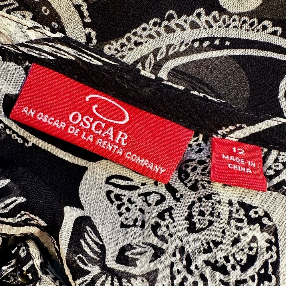 Oscar de la Renta Black & White 100% Silk Embroidered Long Sleeve Tunic Size 12 - Picture 5 of 11